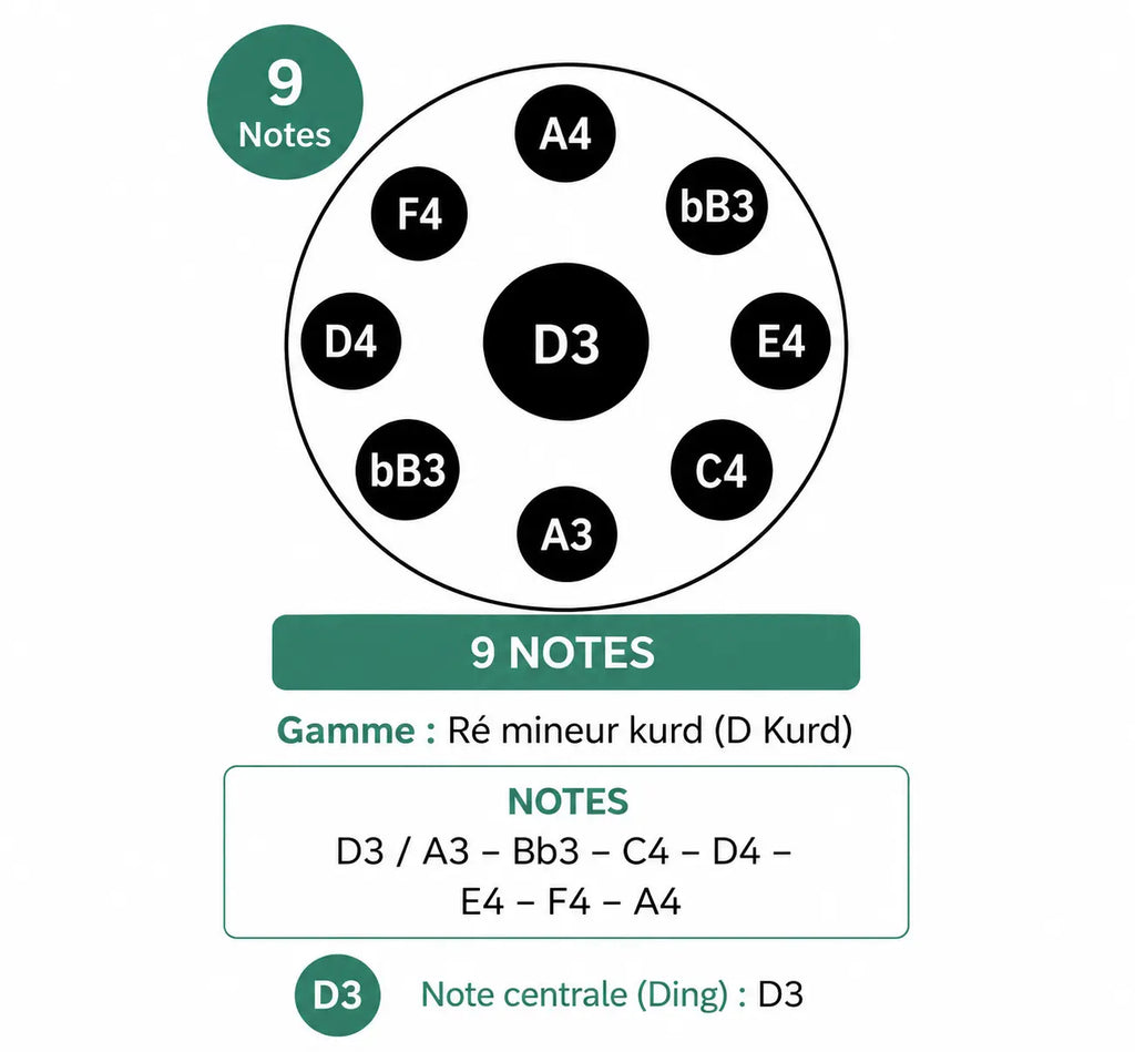 Handpan 9 notes nitruré 440 Hz gamme kurd son chaud joué aux mains