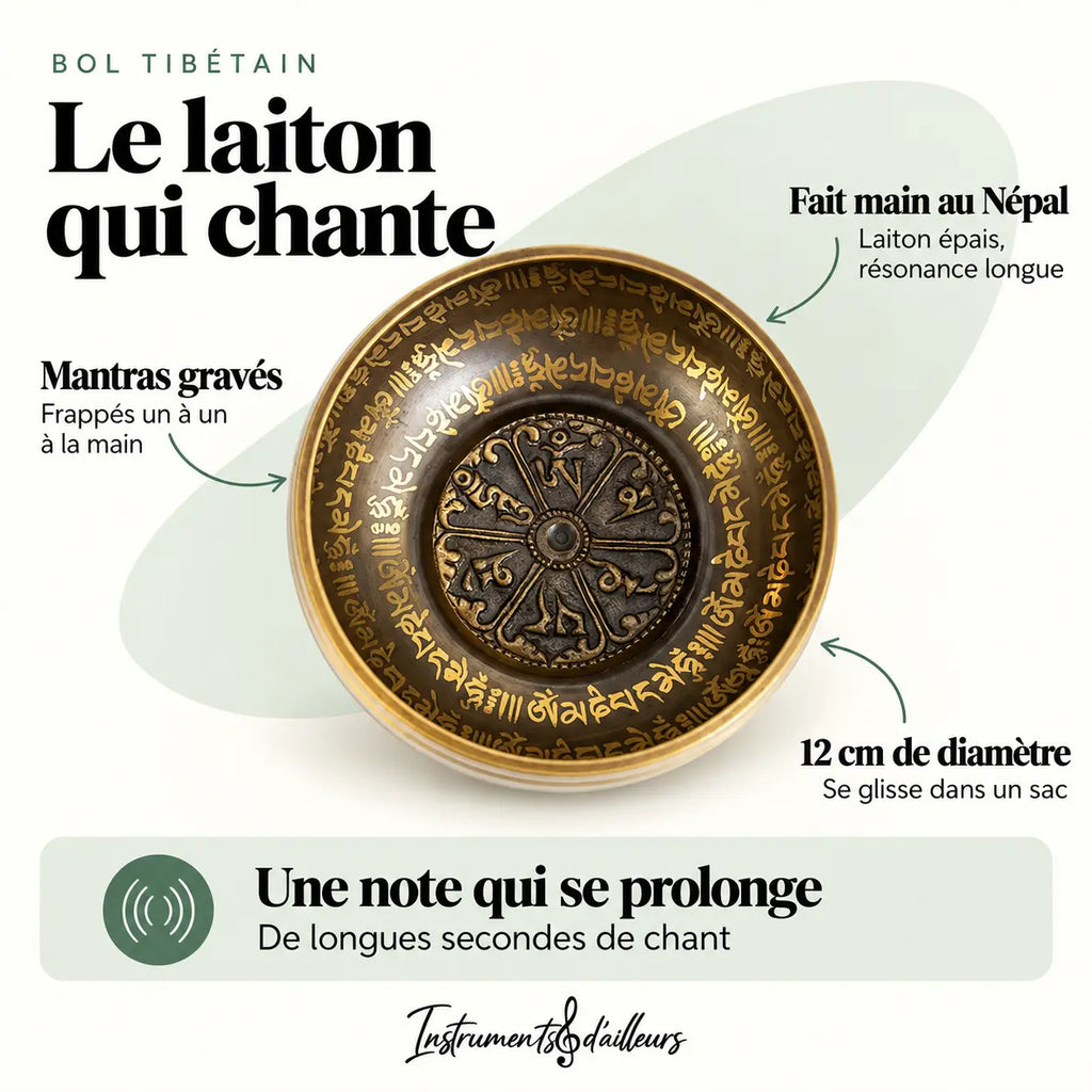 Bol tibétain mantras gravés vue de dessus laiton épais Népal