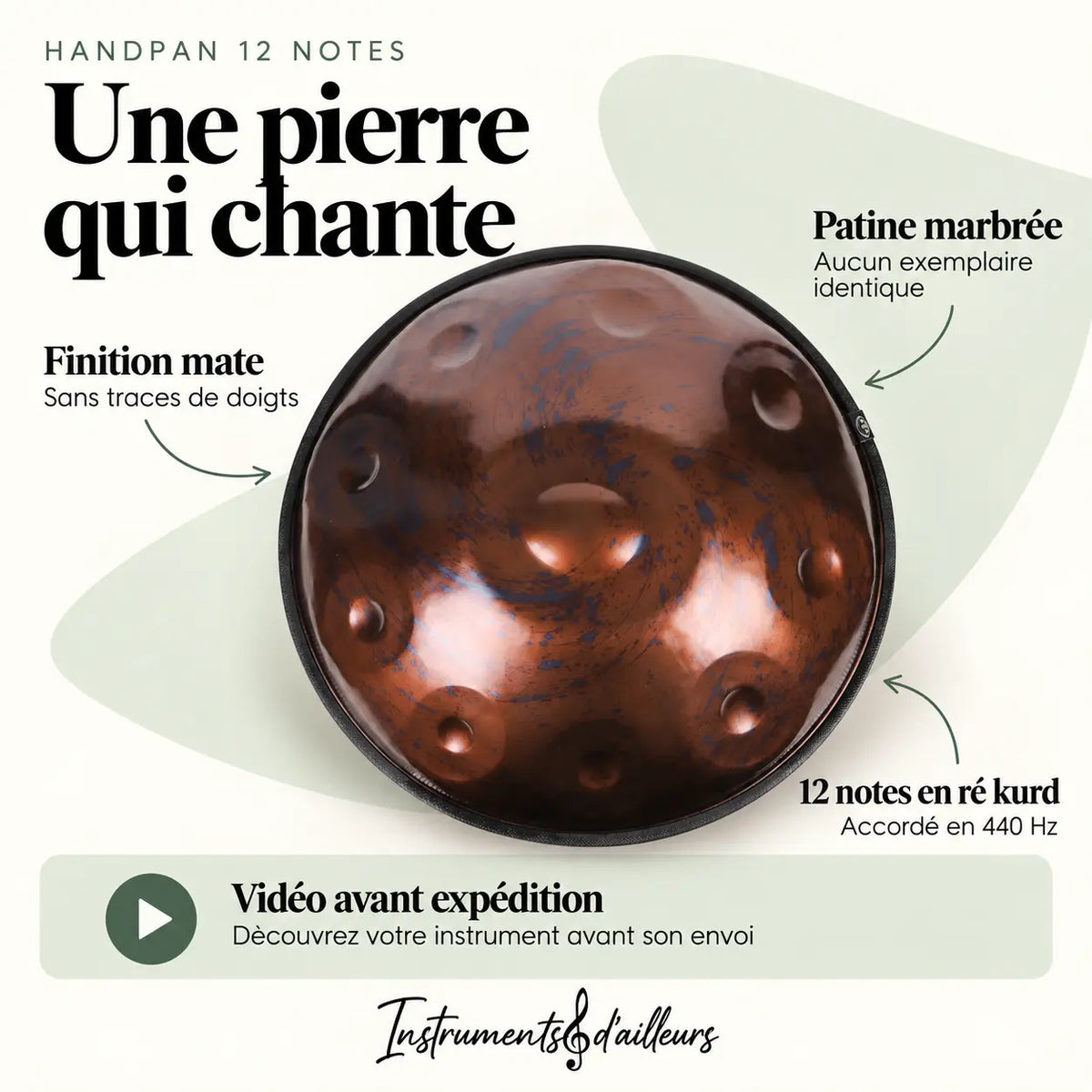 Handpan 440 Hz vue de face dômes martelés acier patiné