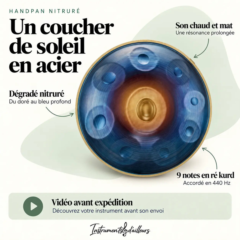 Handpan 9 notes nitruré dégradé coucher de soleil dômes martelés
