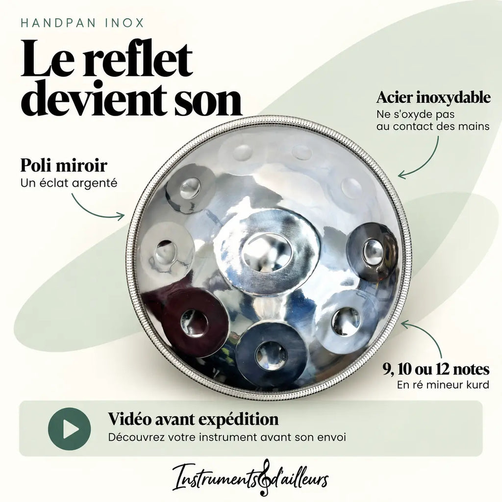 Handpan acier inoxydable poli miroir vue de face dômes martelés