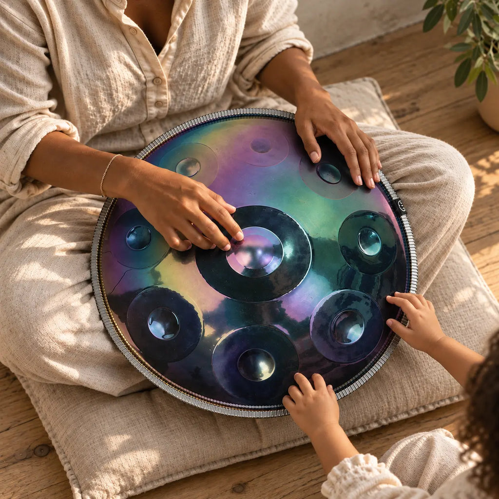 Handpan arc-en-ciel détail ding central acier irisé résonance