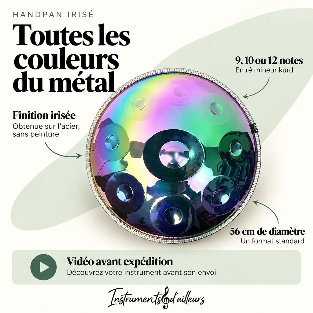 Handpan arc-en-ciel finition irisée reflets colorés dômes martelés