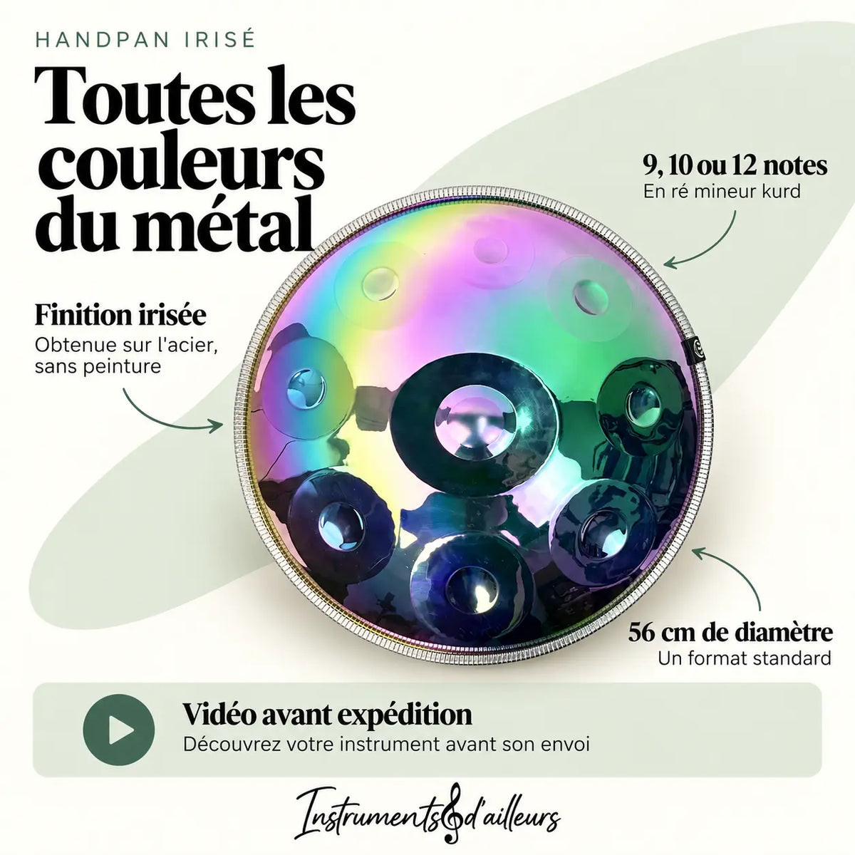Handpan arc-en-ciel finition irisée reflets colorés dômes martelés