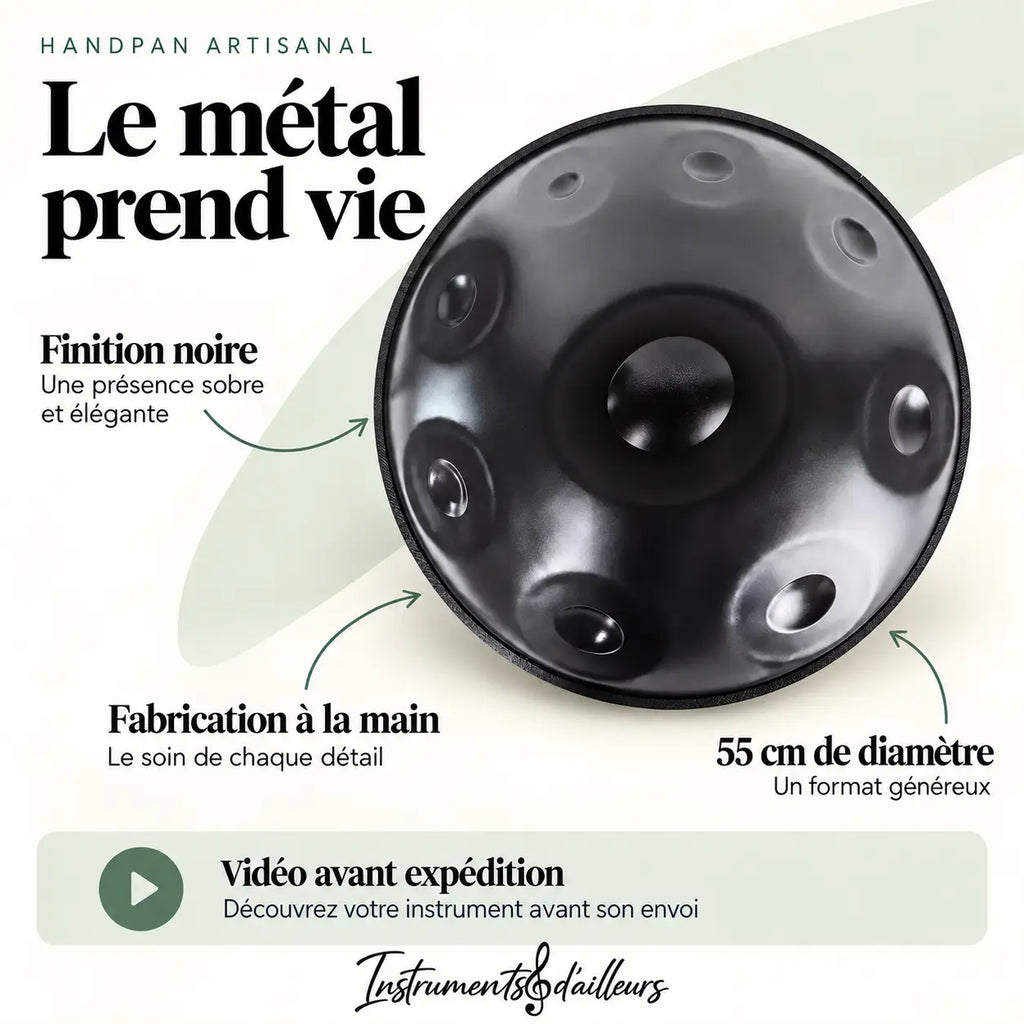 Handpan artisanal acier finition noire vue de face dômes martelés