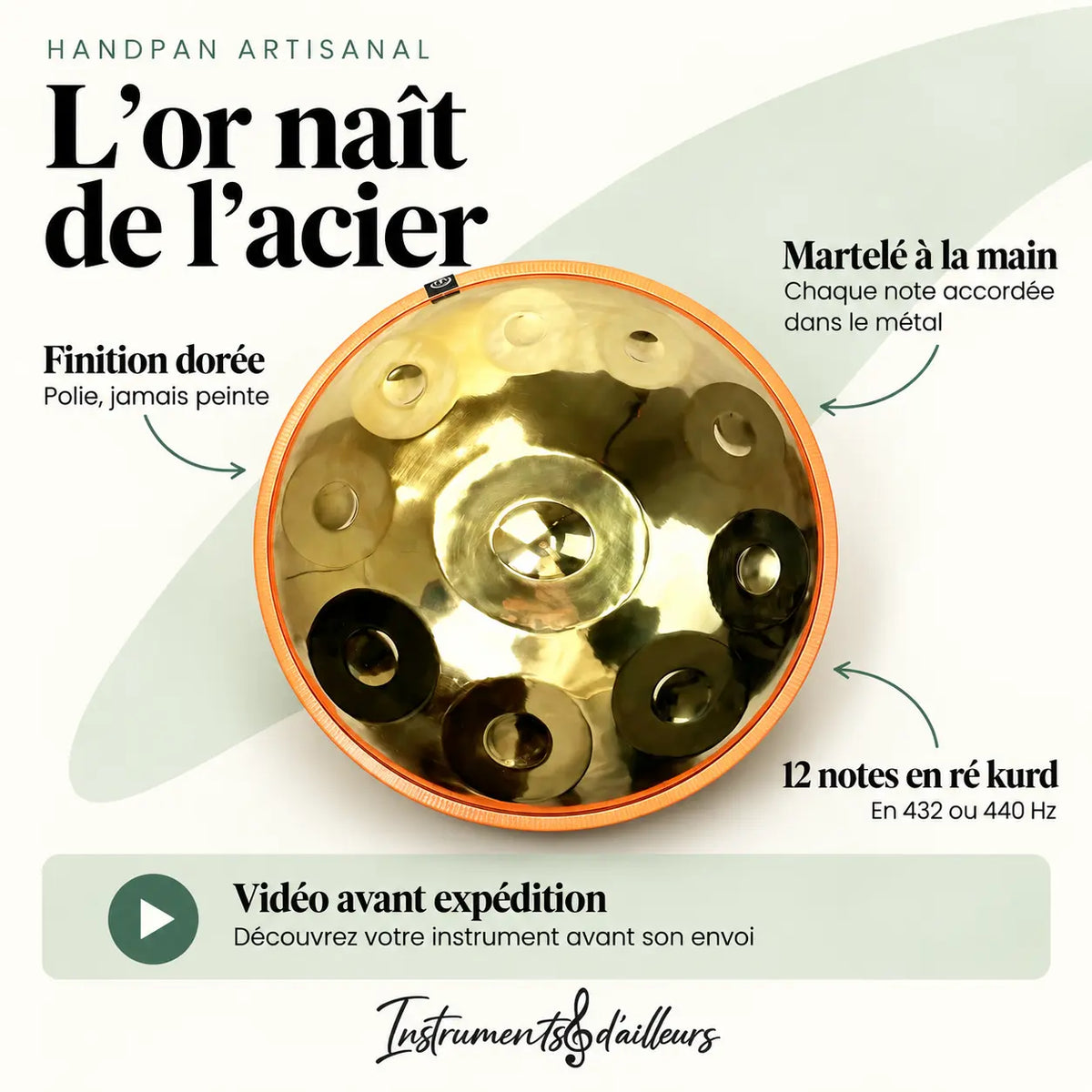 Handpan D Kurd 12 notes vue de face dômes martelés acier