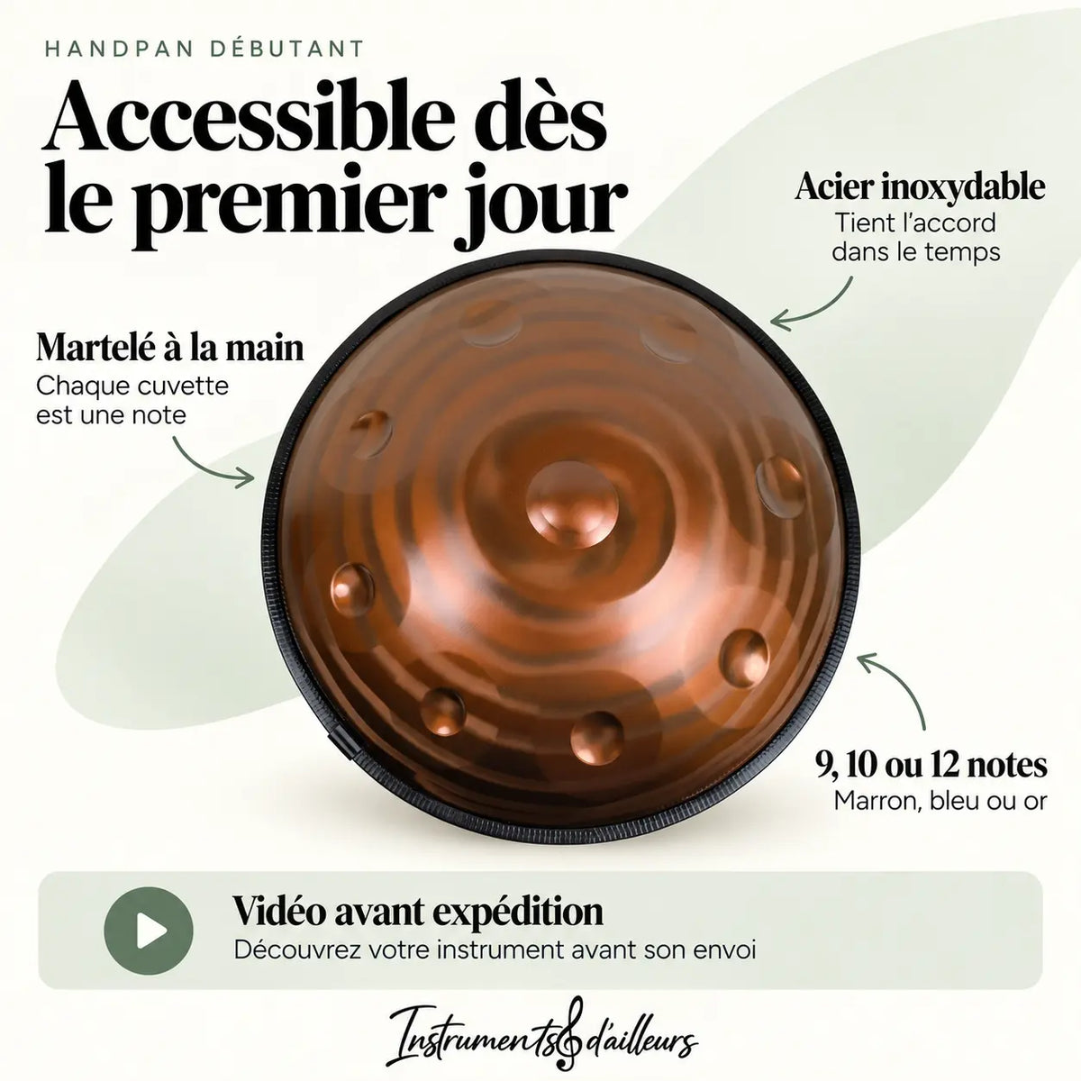 Handpan débutant acier vue de face dômes martelés coloris marron