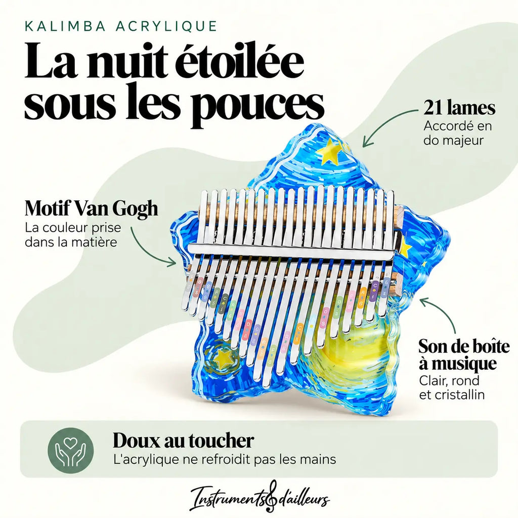 Kalimba Van Gogh acrylique nuit étoilée vue de face 21 lames
