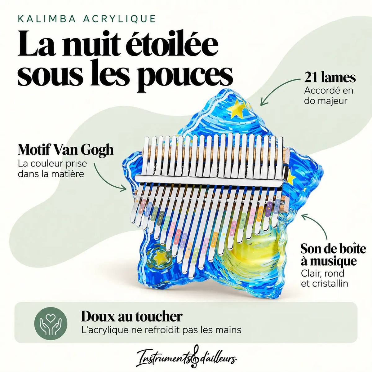 Kalimba Van Gogh acrylique nuit étoilée vue de face 21 lames