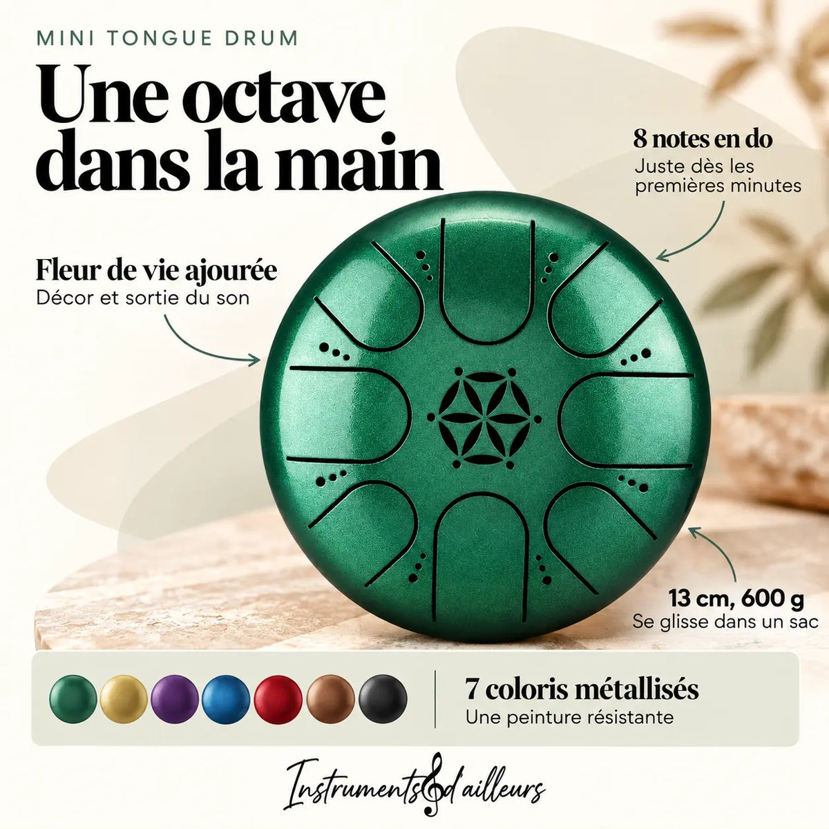 Mini tongue drum 8 notes vue de dessus fleur de vie découpée