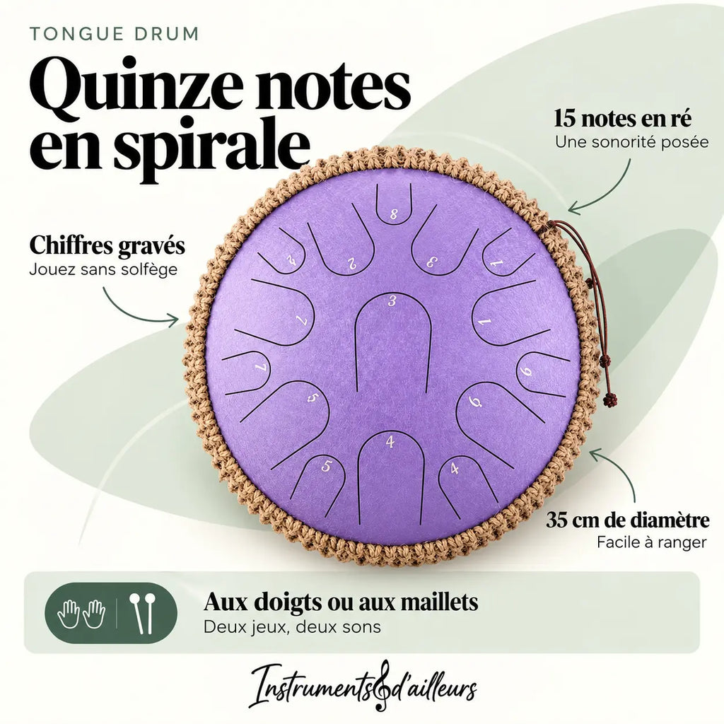 Tongue drum acier 15 notes vue de dessus langues métalliques spirale